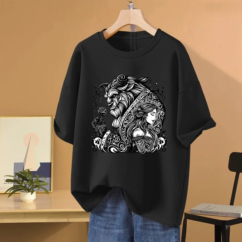 Disney Beauty and The Beast print T-shirt Leisure Sports Street Harajuku Couple Student T-shirt