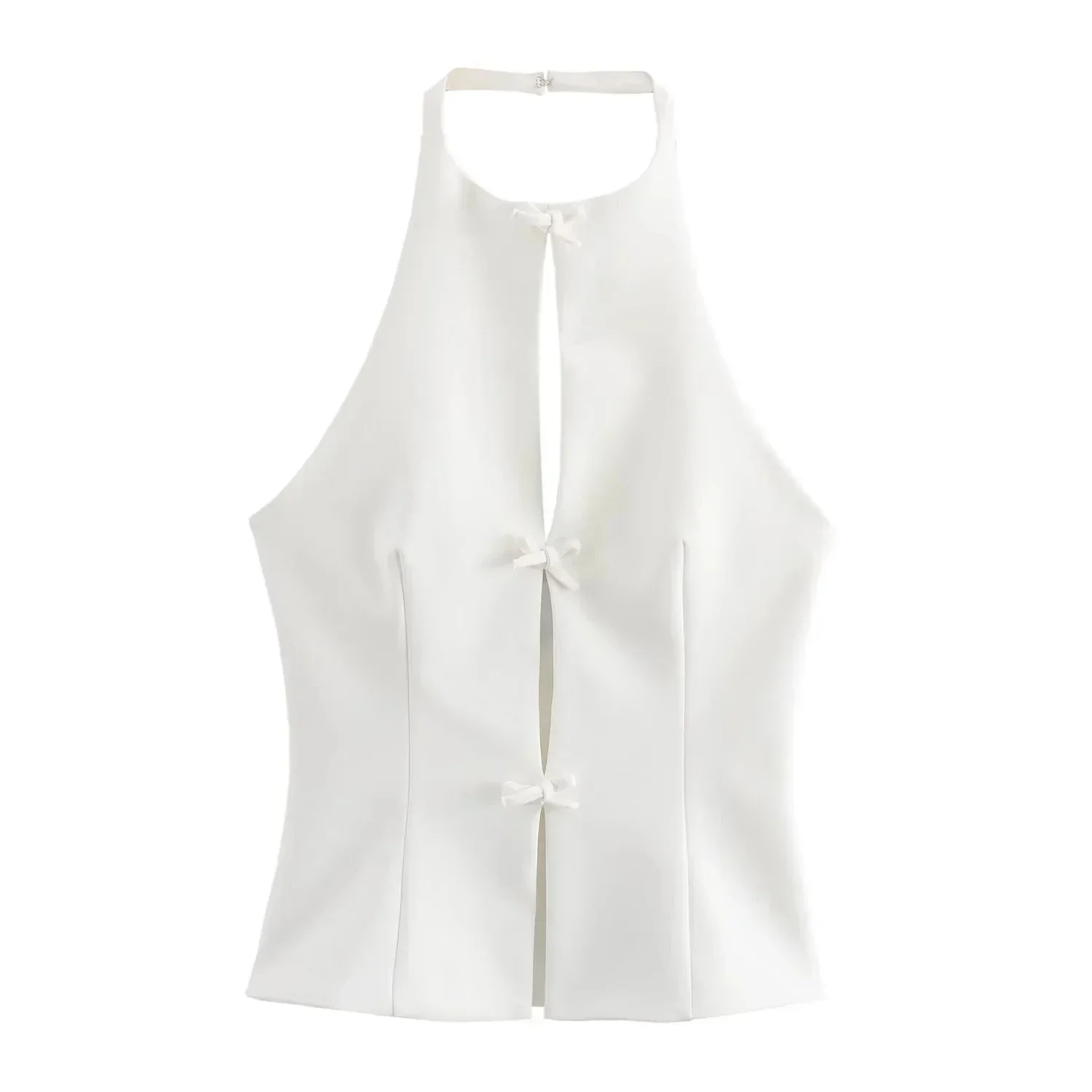 TRAF Pink Halter Top Female Bow Cut Out White Crop Top Women Off Shoulder Sleeveless Backless Top Woman 2024 Sexy Summer Tops