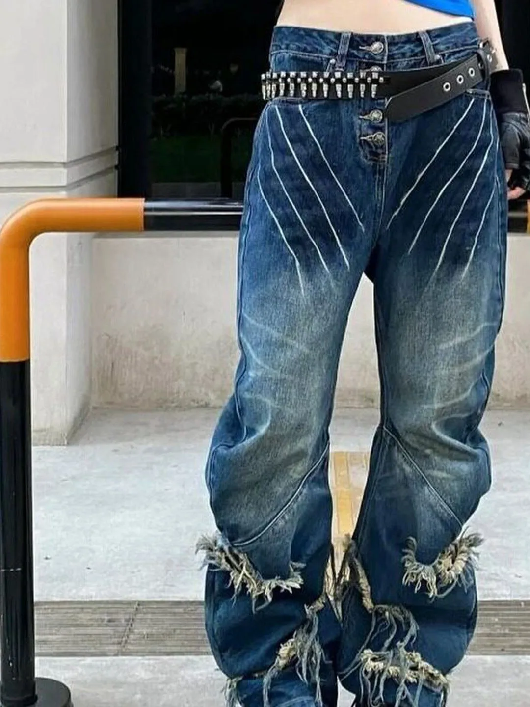 Fall 2026 Women's Distressed Patchwork Denim Jeans High Waist Wide Leg Blue Jeans Spicy Girl Slimming Long Pants Commute Style