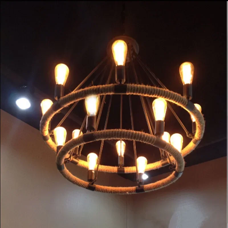 

Single/double rings Vintage lights chandeliers lamps Hemp rope indoor lighting coffee bars sitting room light fixture