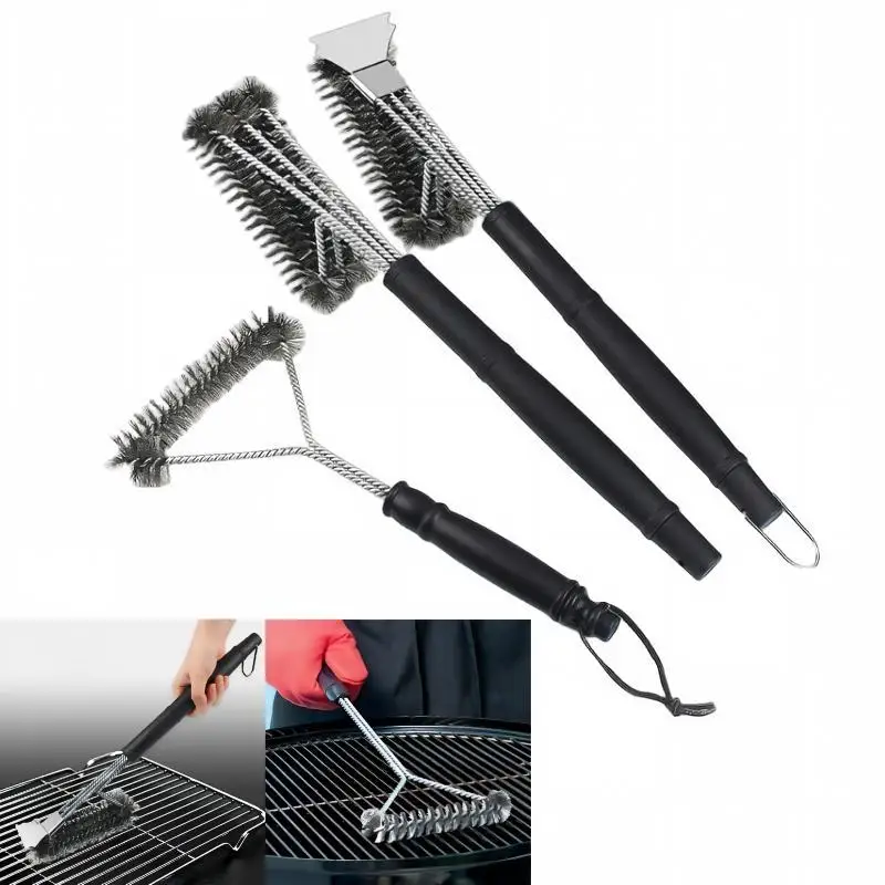 Powerful Stain Remover BBQ Grill Brush Stainless Steel Triangular Wire Head for Backyard Barbecue Camping Cooking Tool