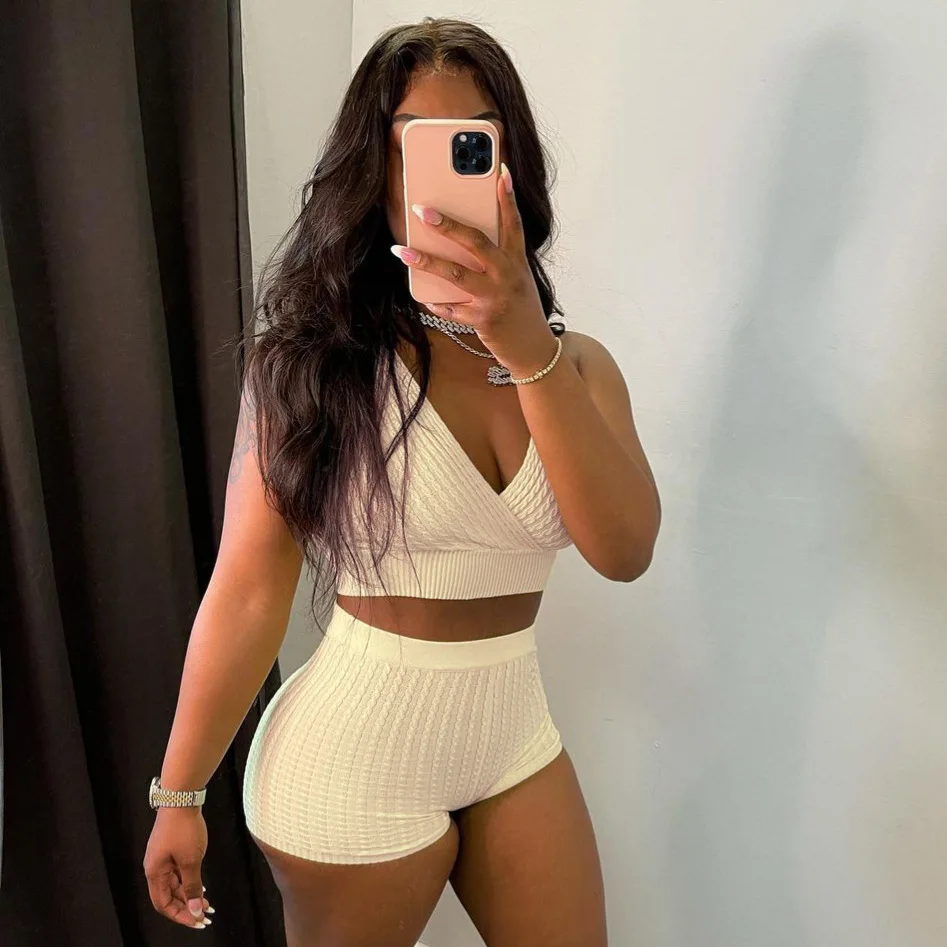 

Women Tracksuits Summer Casual V-Neck Ribbed Knit Tank Crop Top Shorts Two Piece Set Sportswear Biker Shorts Set Women Set