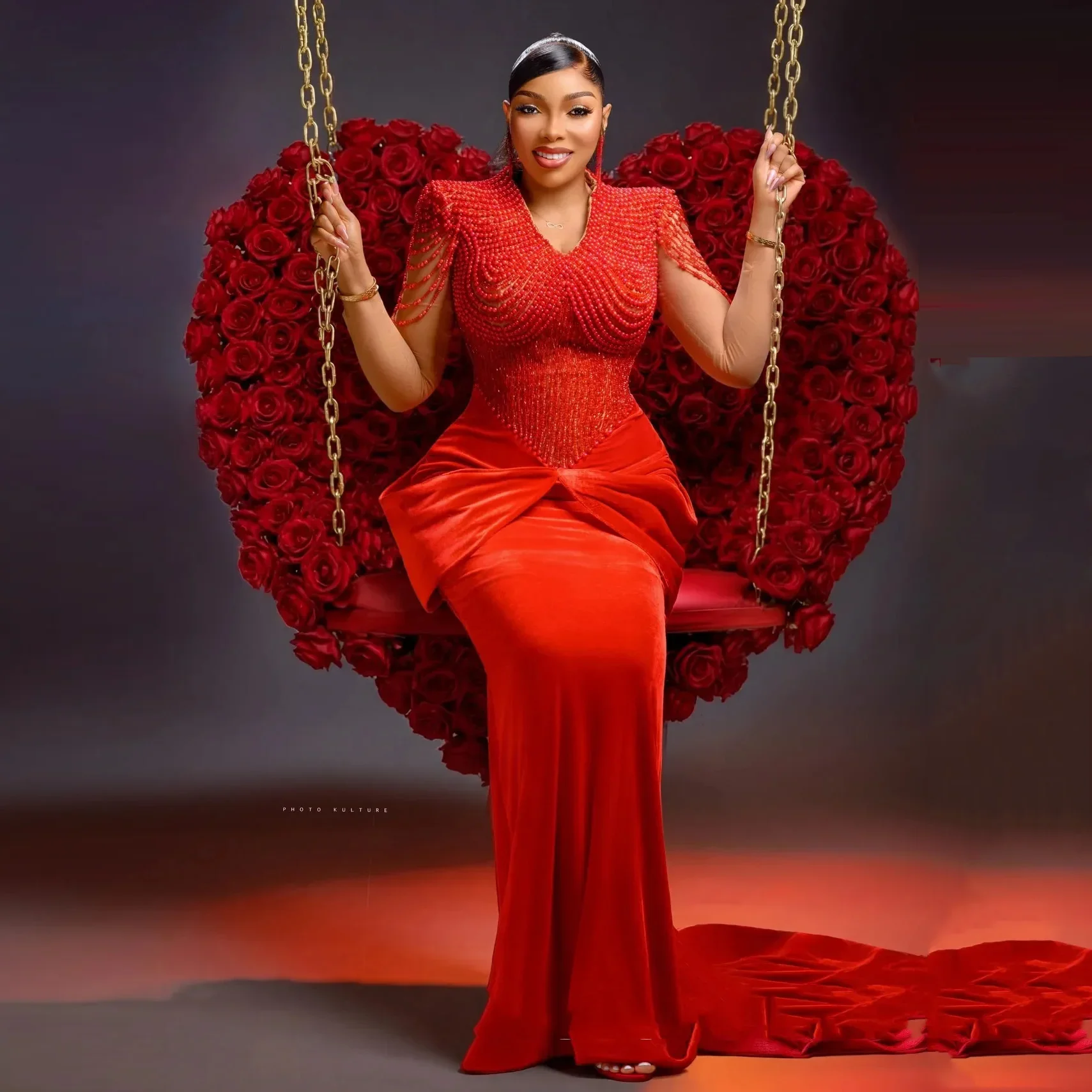 

Gorgeous Red Velvet Prom Gown with Pearls Beading Mermaid Formal Dress Sleeve Aso Ebi Evening Dresses for Women