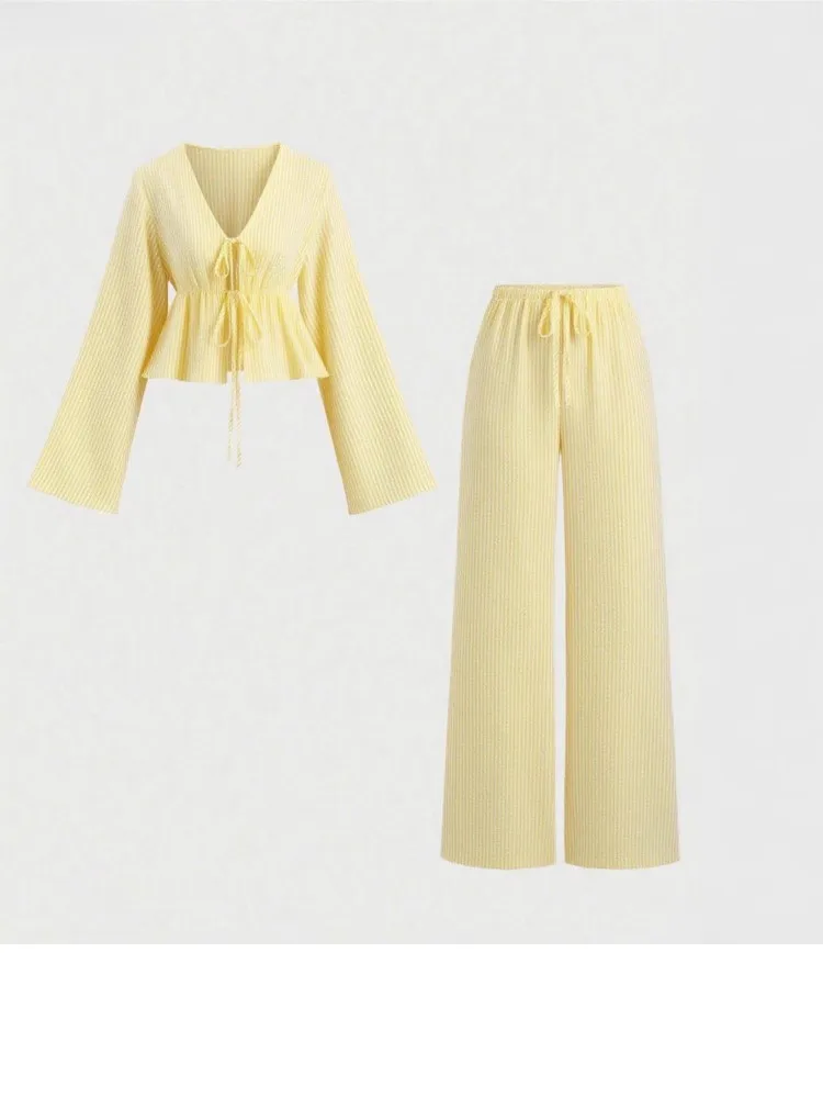 Striped Leace-up New In Matching Sets 2 Pieces Set For Woman Two Piece Outfits Simple Style All-match Casual Commuting Office