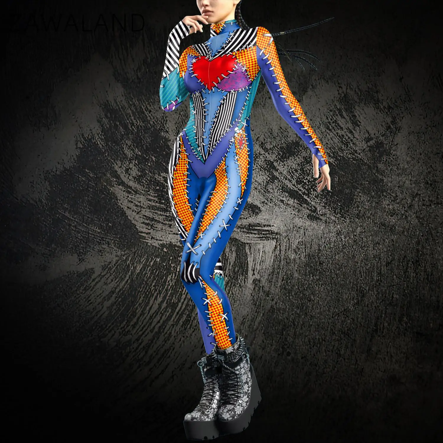 Zawaland Harlequin Jumpsuit Women Clown Cosplay Costume Splice 3D Print Zentai Bodysuit Halloween Carnival Sexy Catsuit Suits