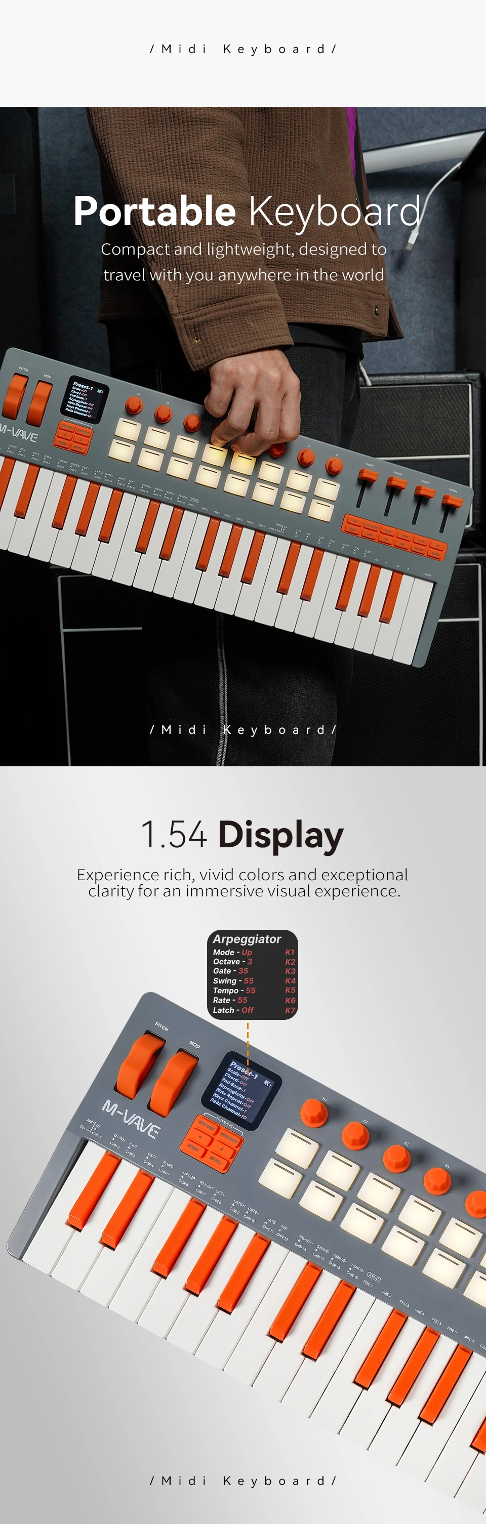 لوحة مفاتيح M-VAVE SMK-37 Elite MIDI - وحدة تحكم محمولة بـ 37 مفتاحًا مع مُركب مدمج ومنصات RGB، 16 وسادة، 8 أجهزة تشفير