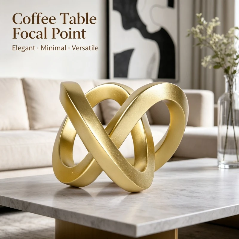 Modern Gold Resin Sculpture, Abstract Interlocking Ring Art for Home Office Decor & Gift