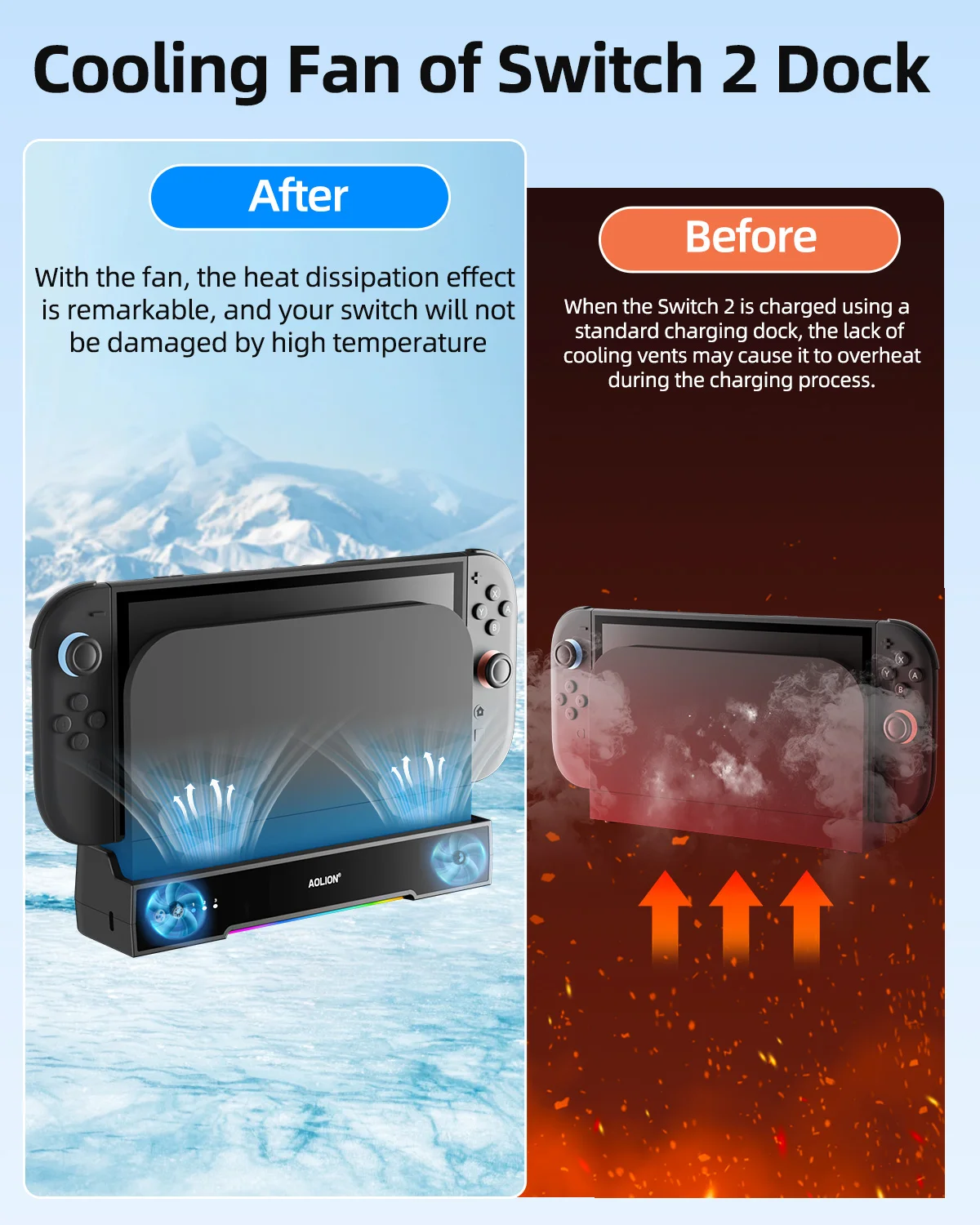 Aolion For Switch 2 Dock RGB Cooling Fan Portable HUB Expansion Base Wall Mount With NGC For Switch 2 Accessories