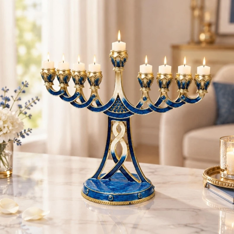 Hanukkah Menorah Decorative Metal 9-Cup Candelabrum with a Raised Center Position, Open Center Frame and Round Base for 37JD