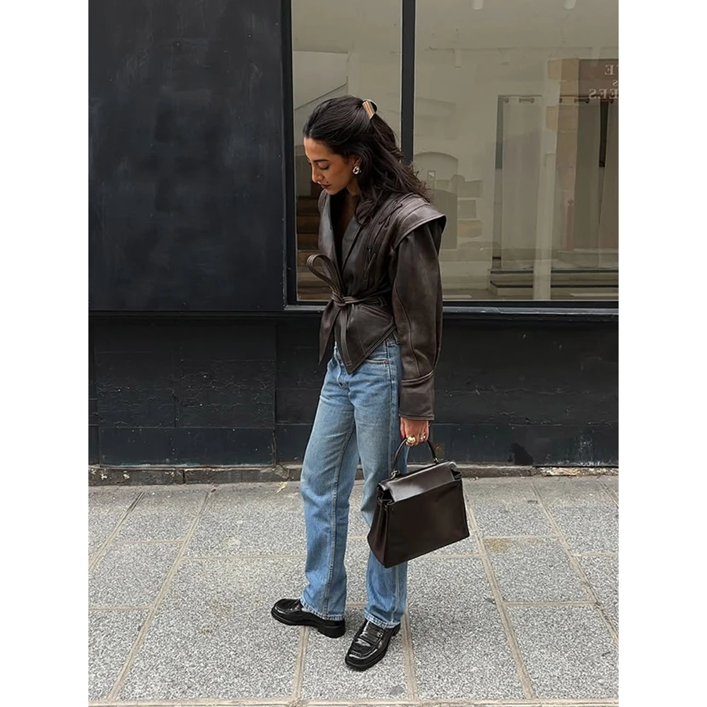 Street Sle Pure Color Stehkragen Gürtel Jaet Damen Ledermantel Personali Faion Herbst Neuankömmling