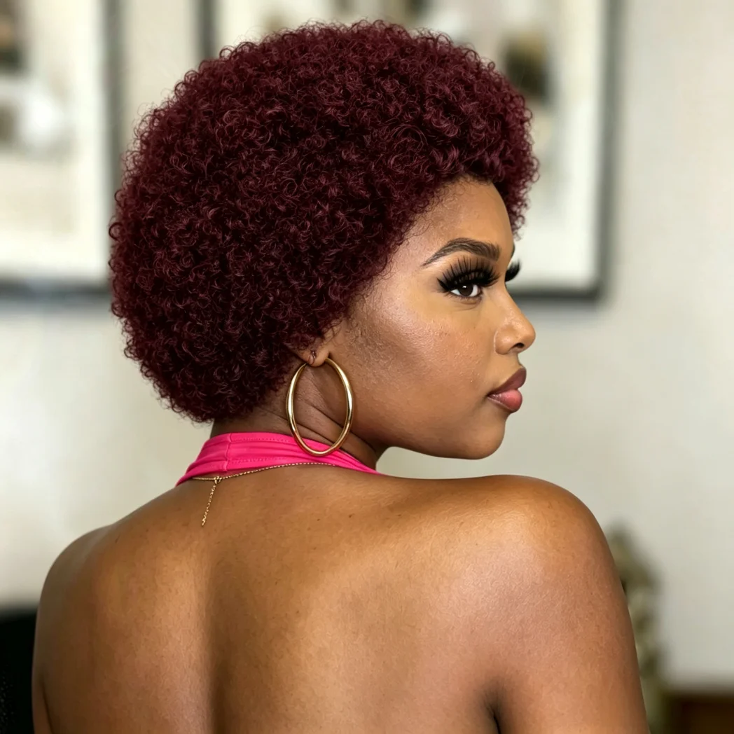 Full Machine Made Short Afro Kinky Curly Human Hair Wig, Natural Looking Curly Pixie Wig, Comfortable Wear Human Hair Wig