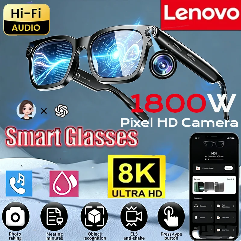 Lunettes Intelligentes Lenovo 8K HD AI 1800MP avec Traduction IA, Appels Mains Libres, Enregistrement de Chat IA, Lecture Musicale, Lunettes de Soleil Intelligentes