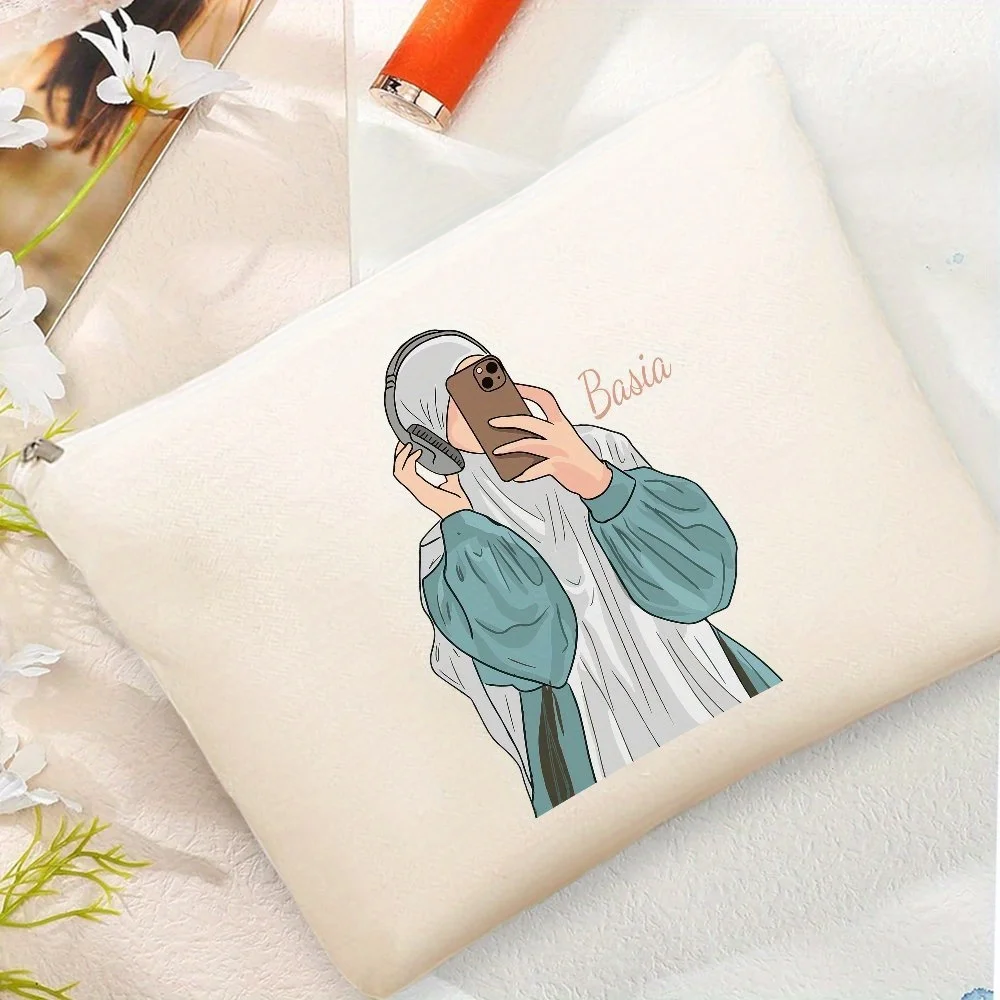 Custom Name Cosmetic Bag-Large Capacity Durable Cosmetic Bag, Women's Fashion Simple Zipper Closure, Muslim Girl Gift