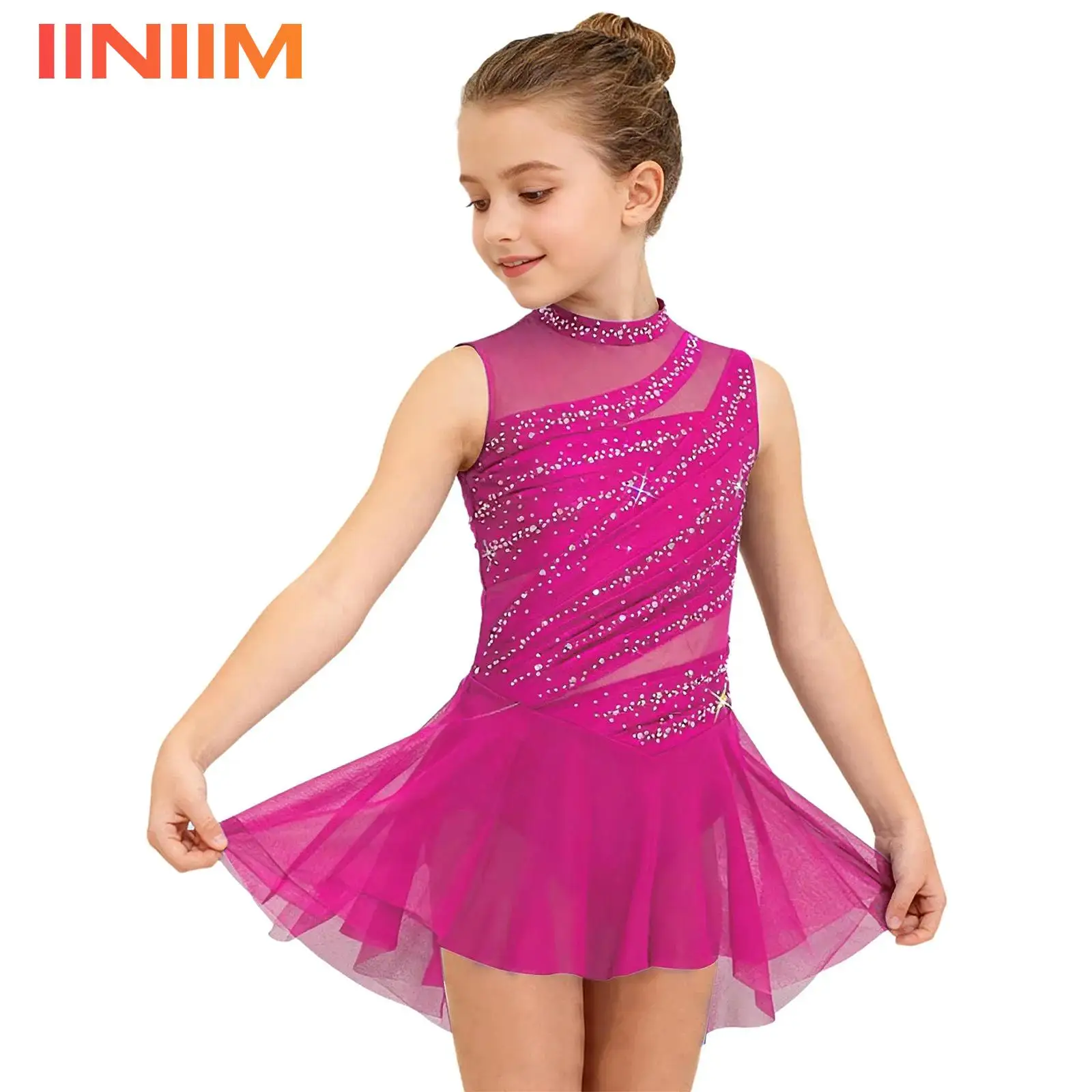 

Детский гимнастический купальник для девочек с блестящими стразами, юбкой-накидкой, прозрачной сеткой и рюшами, для балета и фигурного катания