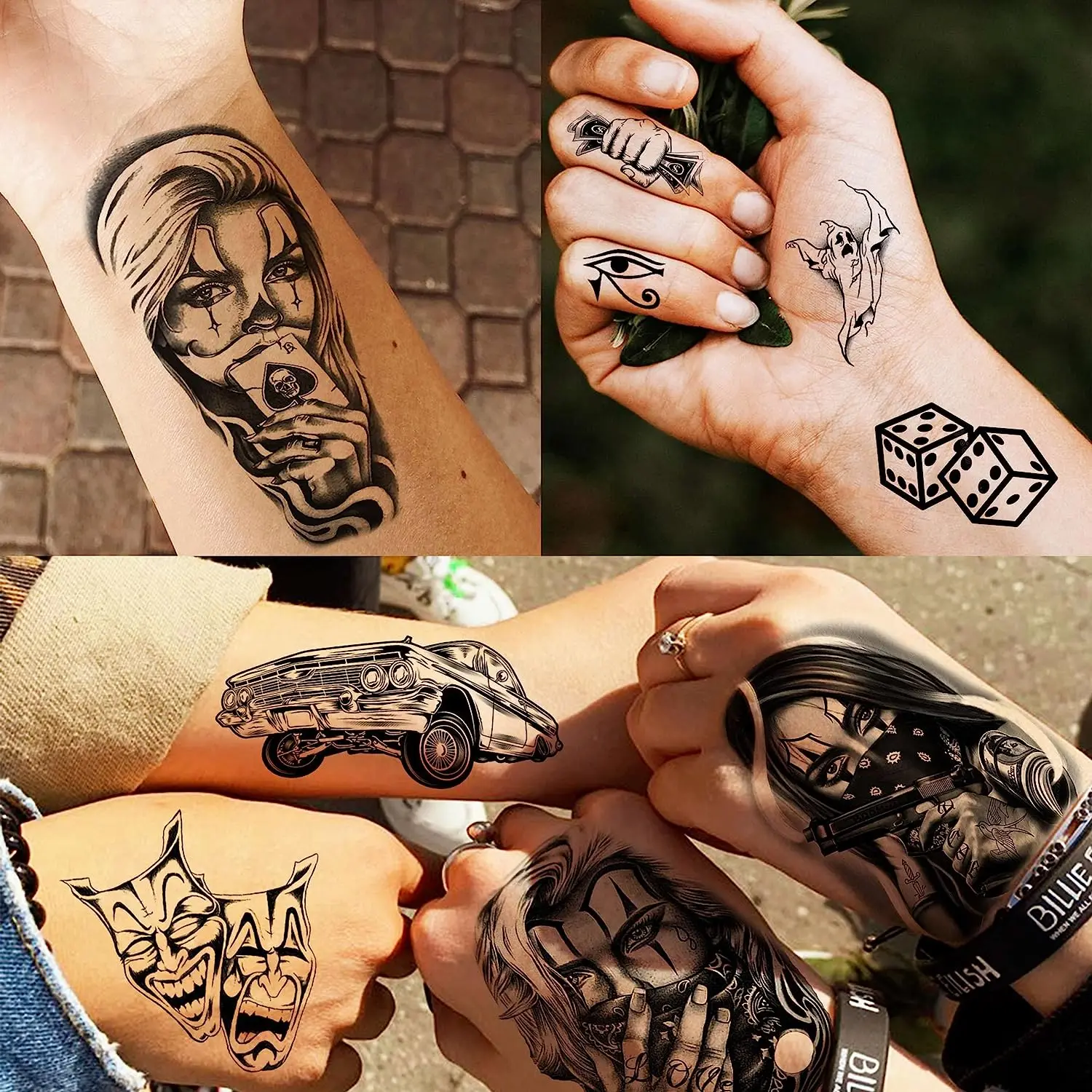 

6 Sheets Chicano Temporary Tattoos For Men Women Adult, Chicana Guadalupe Gangster Fake Tattoos Halloween Day of the Dead Mexico
