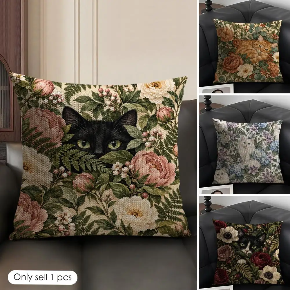 Black Cat Floral Cushion Cover Skin-Friendly Organic Linen Pillow Cover Durable Hypoallergenic Washable Soft