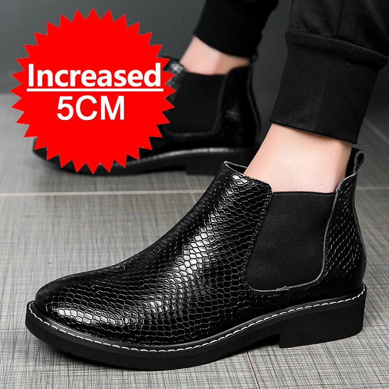 

Men Snakeskin Pattern Boots Elevator Shoes Height Boots Man Increase Insole 5CM Fashion Slip-On Leather Ankle Boot Chelsea Boots