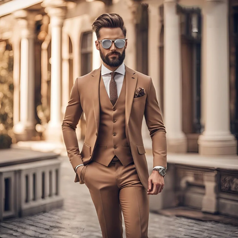 

Fashion Solid Suits For Men Single Breasted Business Casual Suit Groom Wedding Party Tuxedo Formal Blazer(Jacket+Vest+Pants)