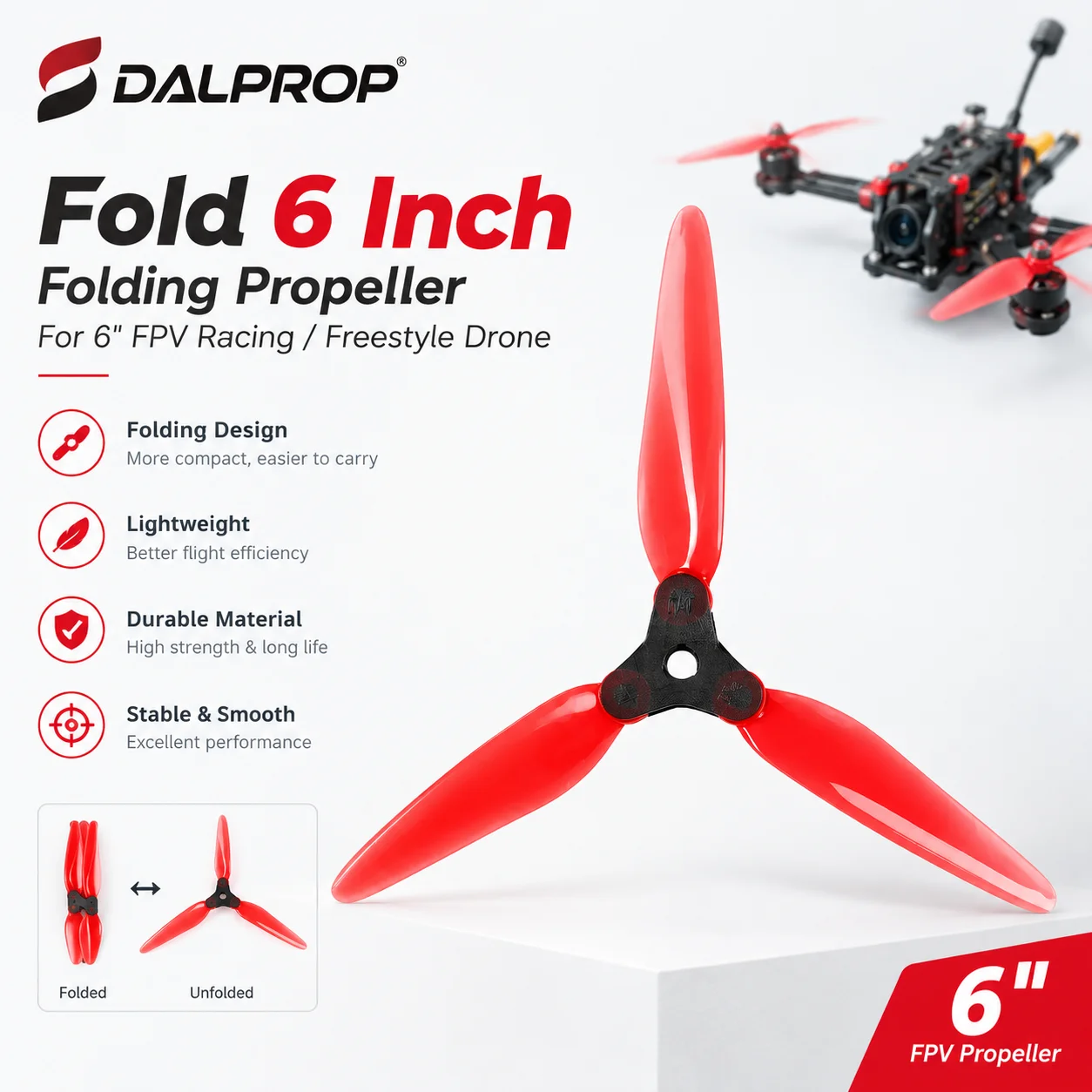 DALPROP Fold 2 F6 6 Inch 3-Blade Folding Propeller 5.3g 5mm Shaft for FPV Freestyle Long Range Drone CW CCW
