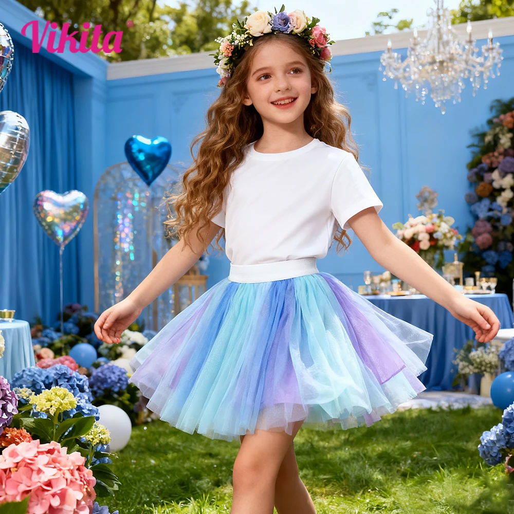 VIKITA Girls Blue Gradient Tulle Tutu Skirt Kids Elastic Waist Fluffy Layered Party Casual Fashion Dance Ballet Princess Skirts