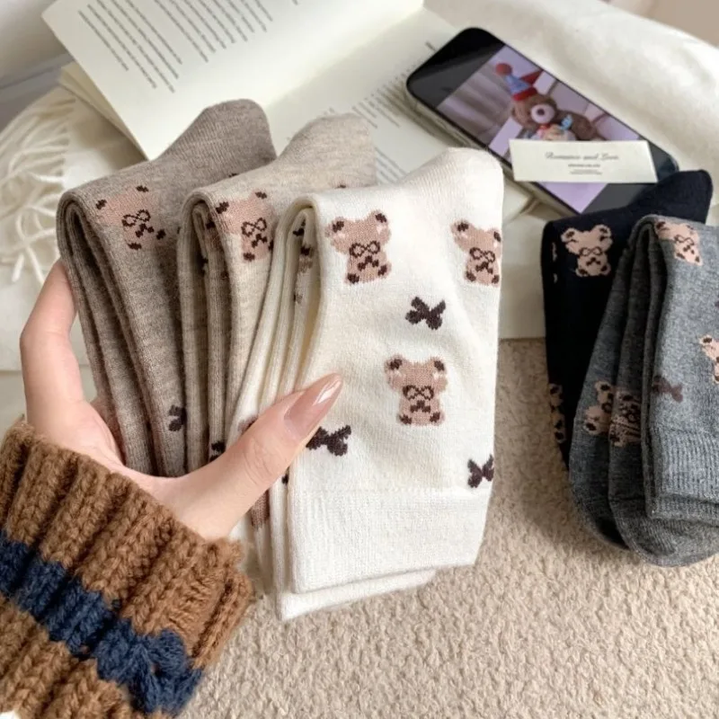 5 Pairs 2026 Women's Warm Cute Mid Length Socks Set Autumn Winter Casual Kawaii Thermal Socks Woman School Grip Socks with Print