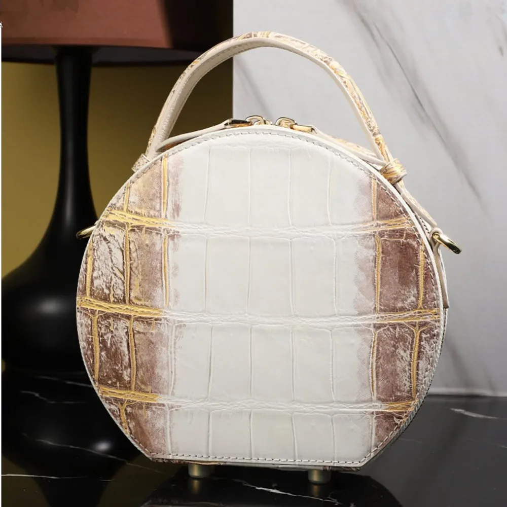 Authentic Crocodile Leather Women's Small Round Handbag, Women's Shoulder Bag, Genuine Crocodile Leather Women's Cross-Body Bag