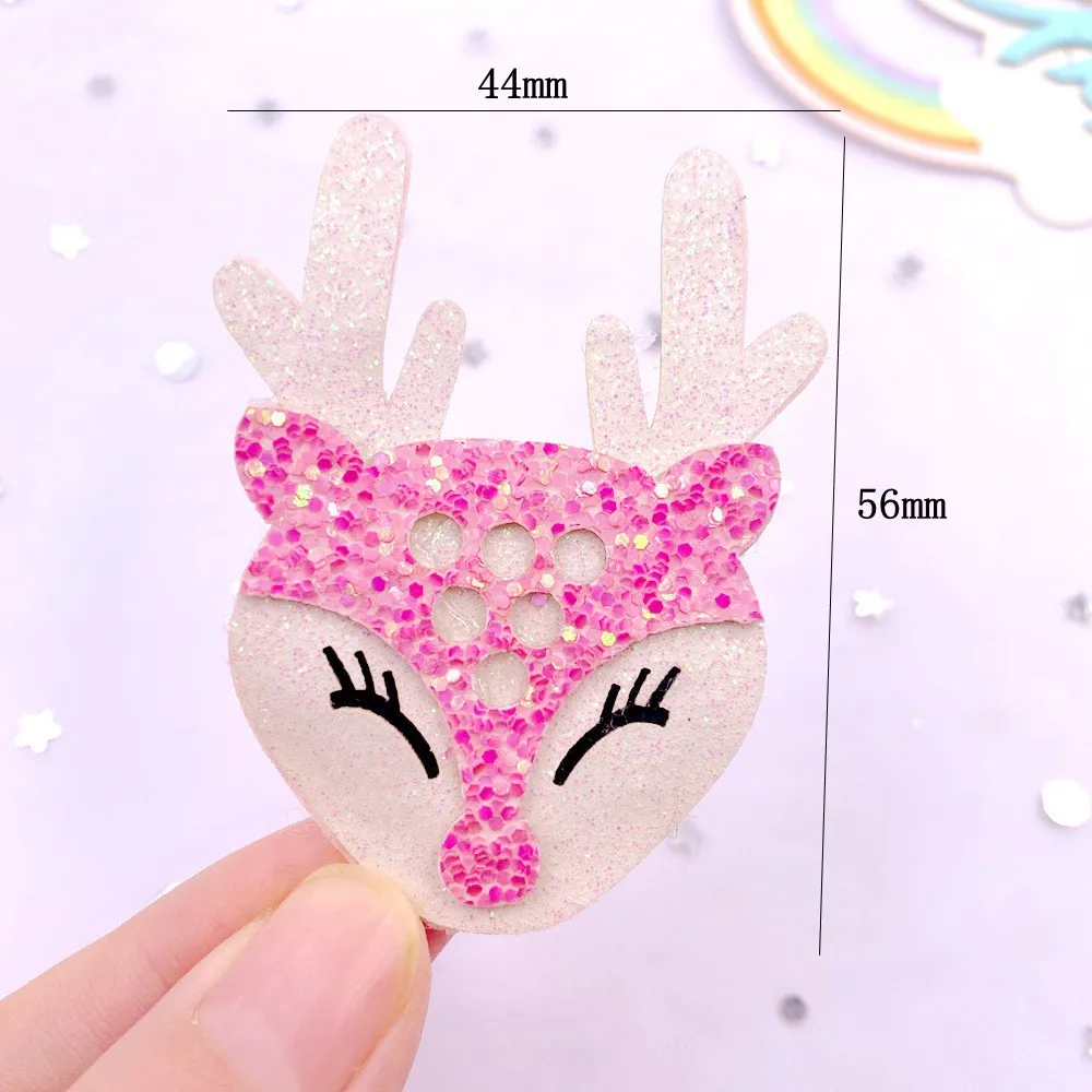 10pcs Felt Fabric Colorful Glitter Bepowder Cartoon Pink Deer Patch Applique Sewing DIY Hair Bow Craft Supplie Christmas Decor