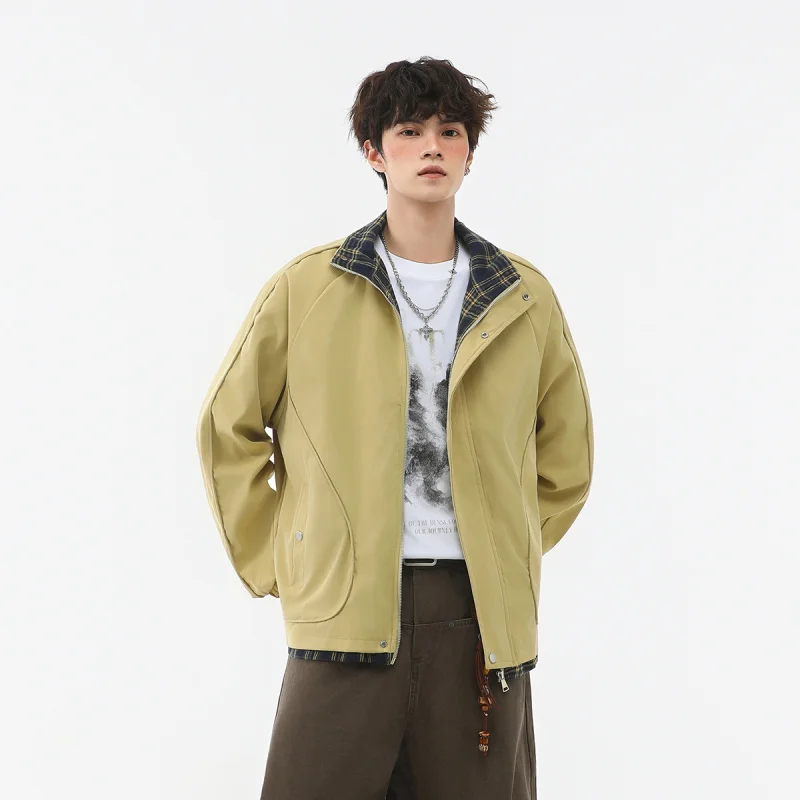 

GIOIOM's Jacket, новинка осени 2022 года, свободная повседневная мужская куртка в клетку с воротником-стойкой и цветными блоками на подкладке