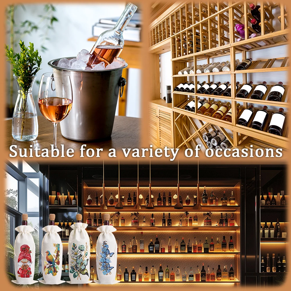 

4Pcs 5D/DIY Diamond Art Label Liquor Bottle Cover Rhinestones Wine Wrapping Bag Crystal Painting Wine Bottle Bag for Christmas