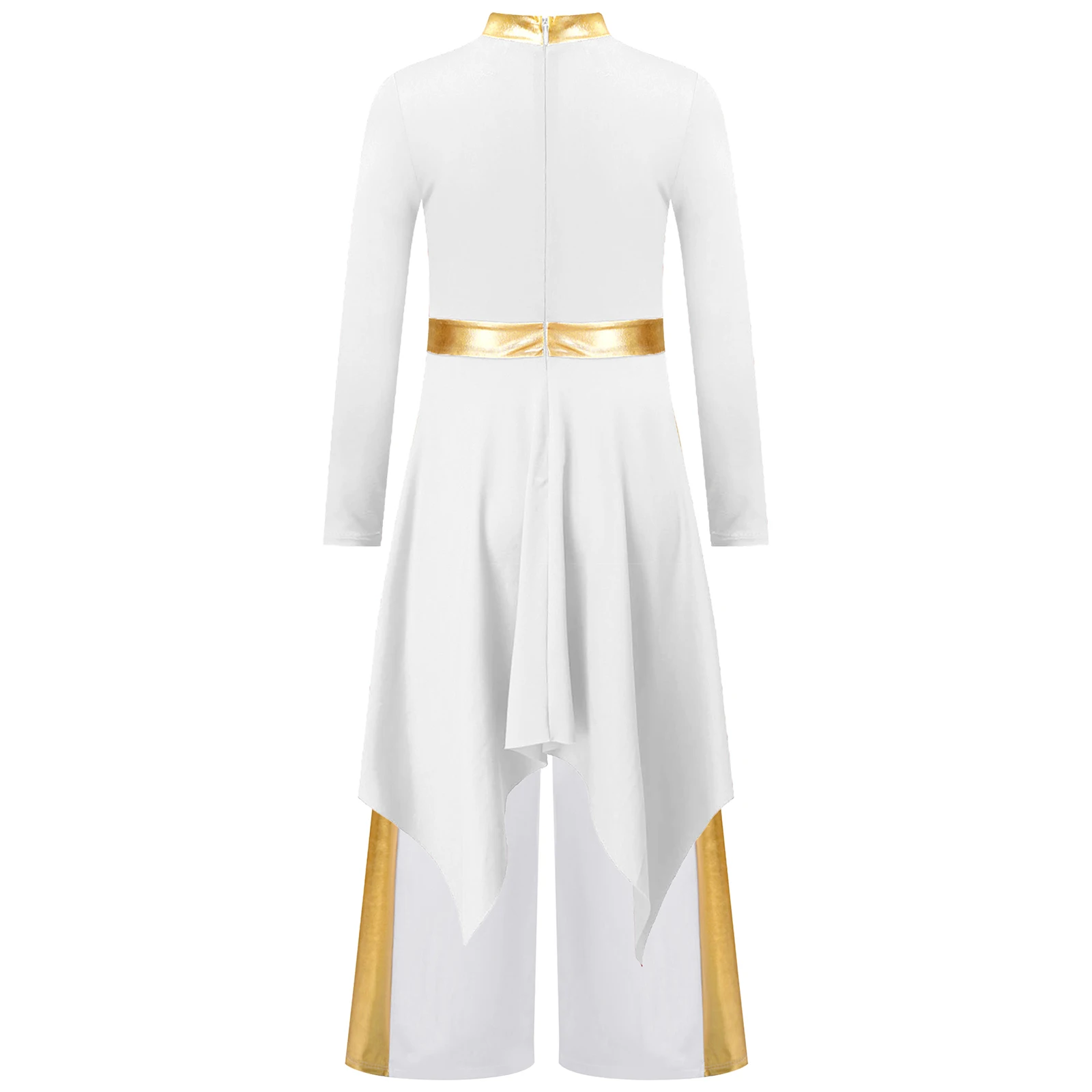 Kids Liturgical Worship Dress Lyrical Praise Dance Tunic Irregular Hem Overlays Modern Dance Costume Dress with Wide-Leg Pants