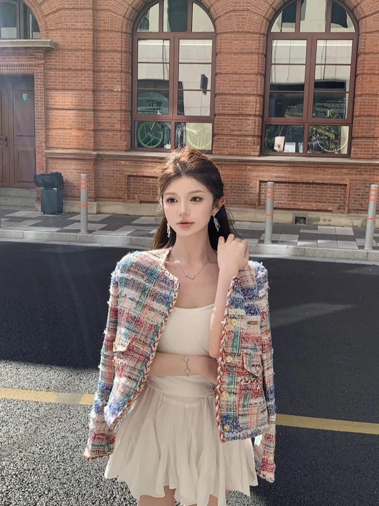 

Faionable ort Outerwear Women's Classic Knit Plaid Woolen Coat Korean Sle Autumn 2025 Polyester Fiber 00%