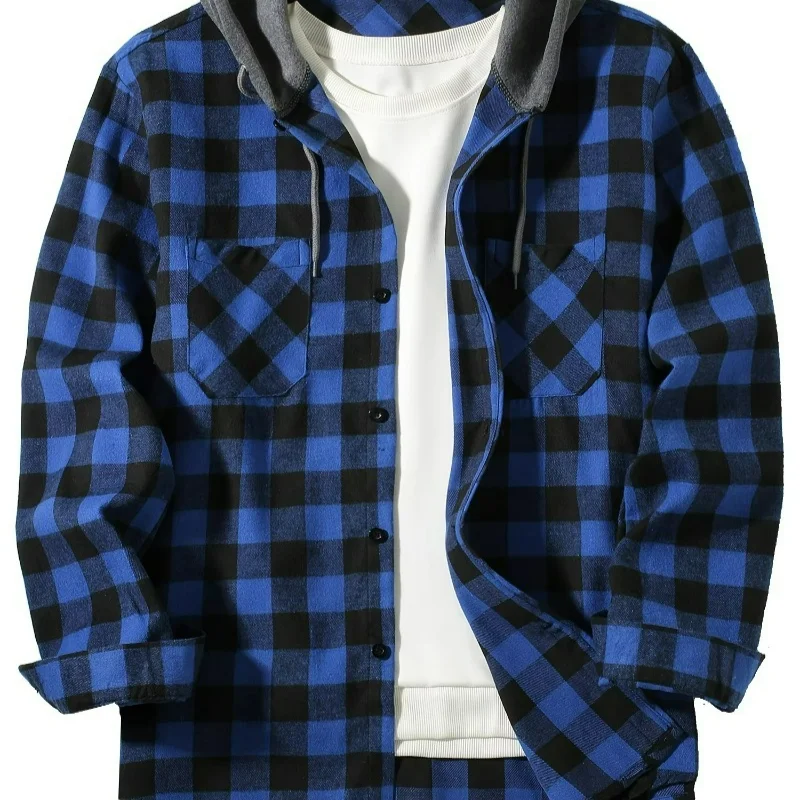 New Coat Spring and Autumn Men's Loose Plaid Hooded Shirt Large Size Fashion Casual Long Sleeved Shirt Street Style S-3XL