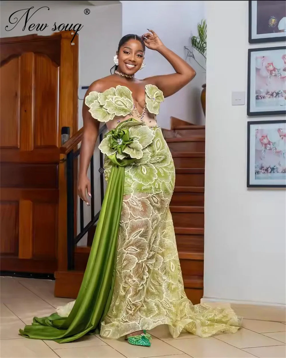 

New Elegant 2025 Green Lace Pearls Evening Dresses Arabic Wedding Party Dress Robes De Soiree Formal Reception Gowns Customized