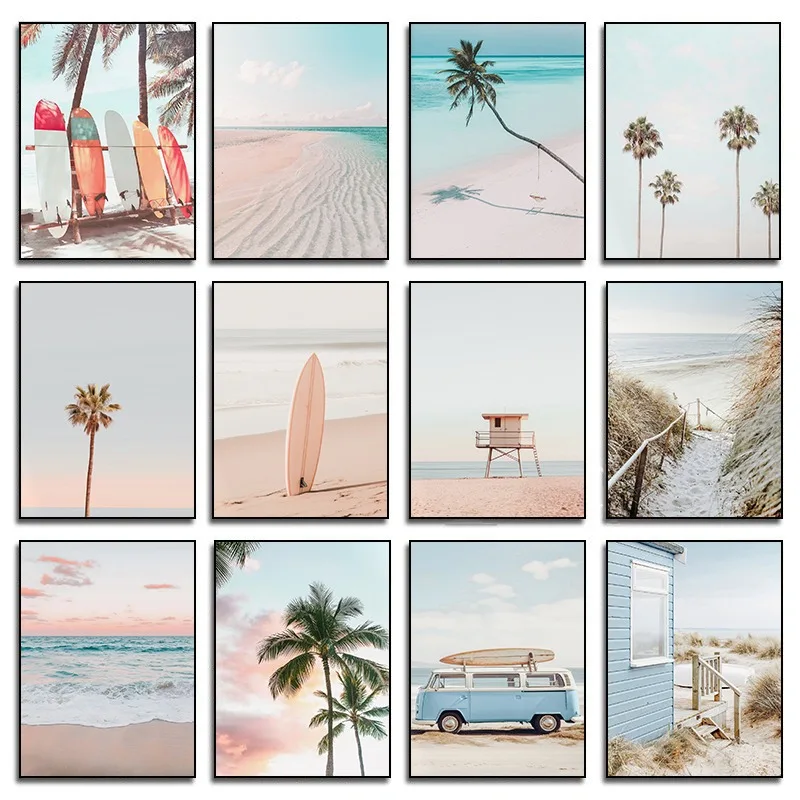 Pastel Coastal Canvas Print Tropical Beach Ocean Landscape Wall Art Palm Tree Surfboard Photography Poster Living Room Decor