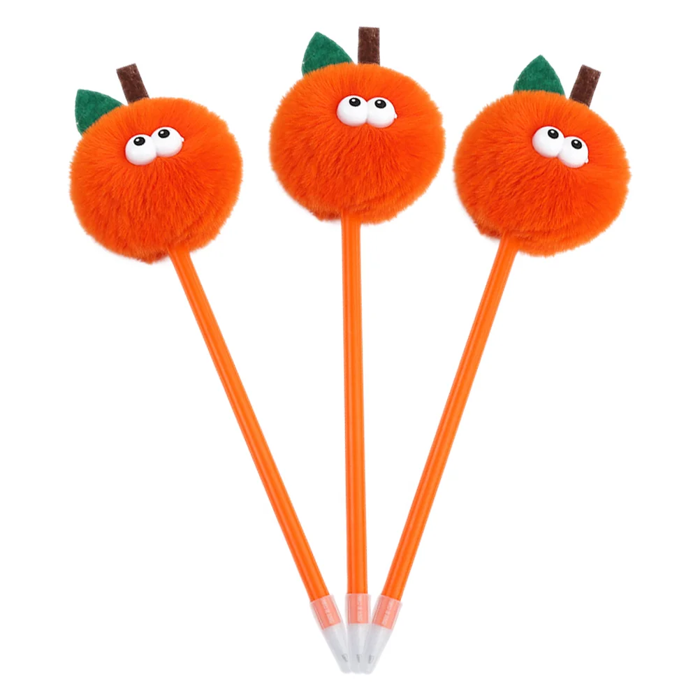 3 Pcs Ballpoint Pens Plush Write Fluffy with Fleece Cute Kawaii Lovely Adorable Heart Orange Pompom Toppers Shaped Student