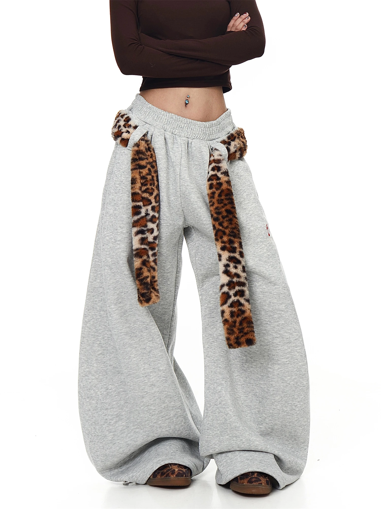Women's Oversized Wide Leg Pants Leopard Fur Drawstring Waist Embroidered Detail Casual Streetwear Ladies Trousers