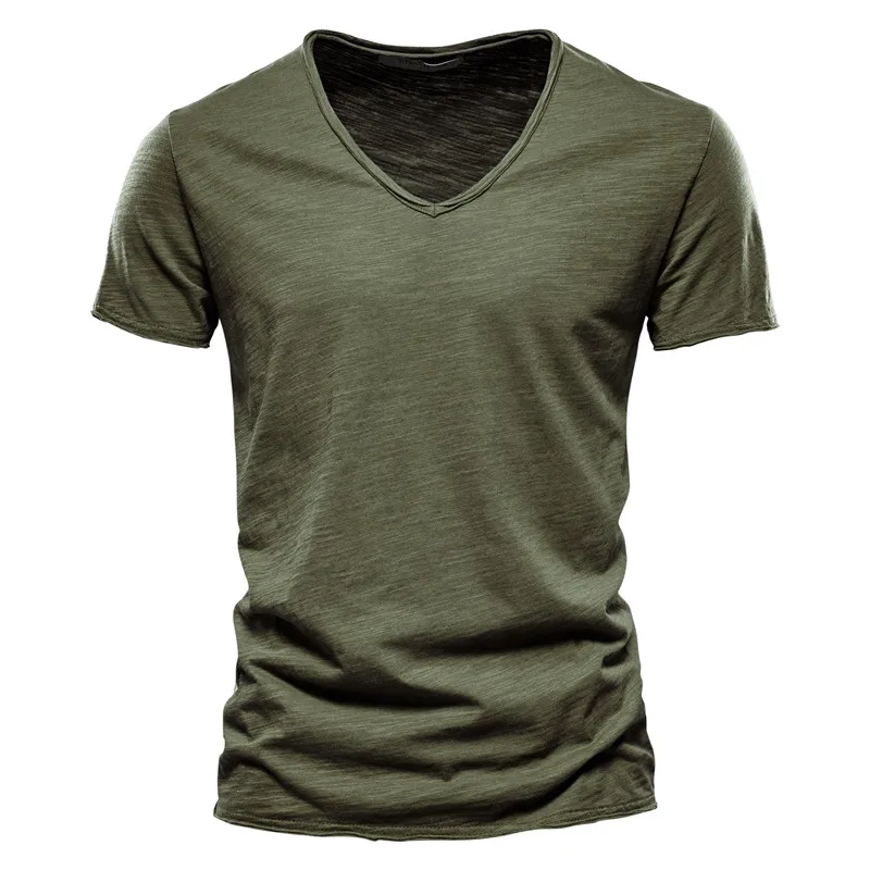 Summer 100% Cotton Men T-shirt V-Neck Short Sleeve Soild Slim Fit T-shirts Male Tops Tees Homme Quality TShirt For Men 5XL