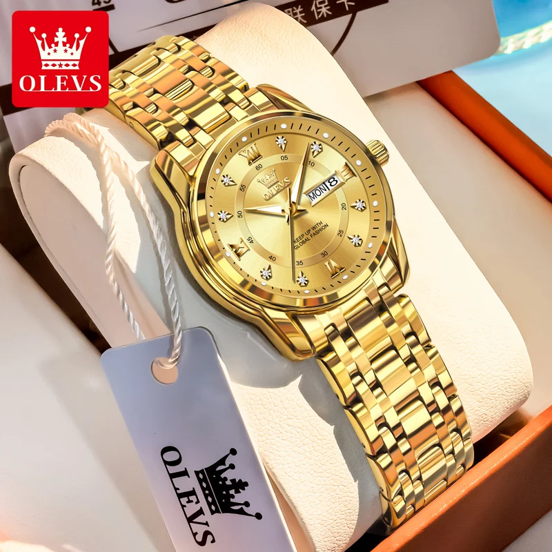 

OLEVS оригинальные кварцевые часы для женщин с двойным календарем и бриллиантами, роскошные модные водонепроницаемые светящиеся женские наручные часы из нержавеющей стали