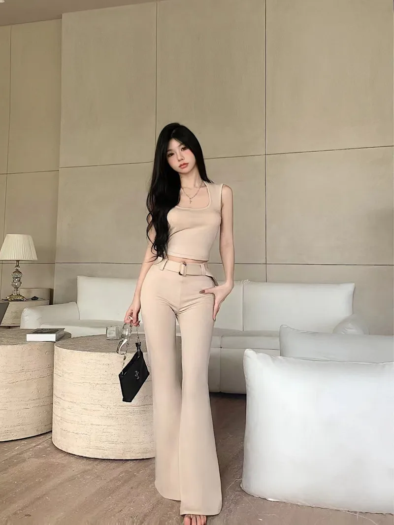 2024 Fashion Temperament Women Solid Color Suits Slim-fit Vest  Sex Appeal Top +Design Chic Belt Flared Pant Prom Party Elegant