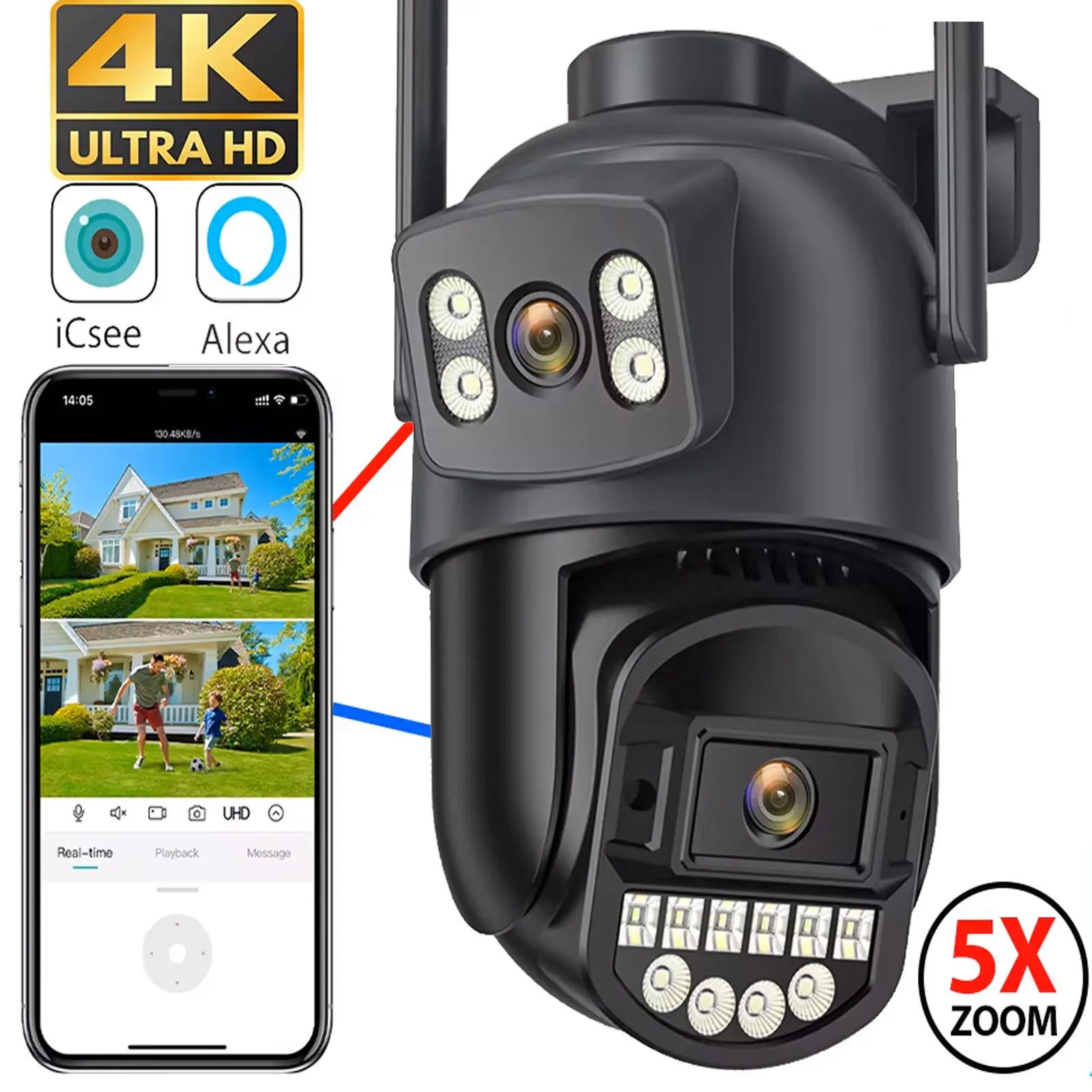 4K 8MP PTZ WiFi Camera Dual Lens Dual Screen IP Outdoor Security CCTV Surveillance with Auto Tracking ICSee