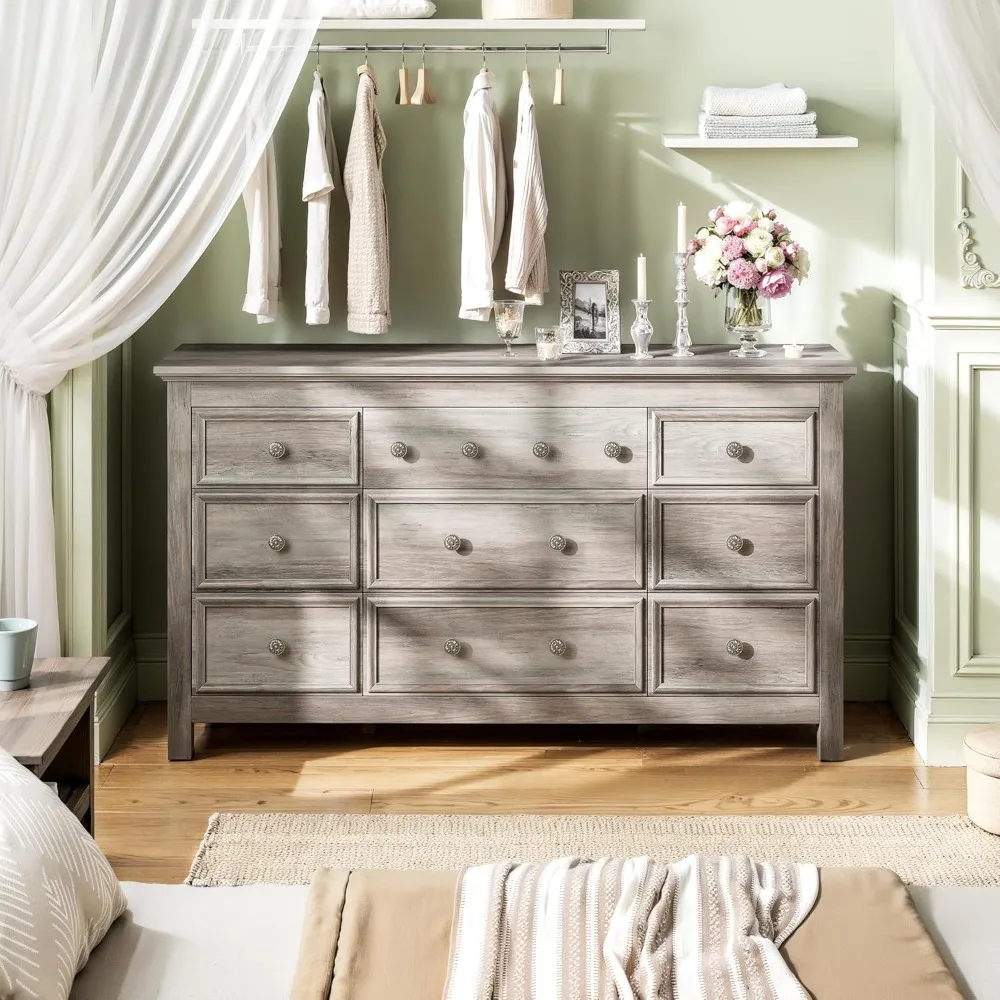 خزانة ذات 9 أدراج، خزانة كبيرة مقاس 57 بوصة لغرفة النوم، خزانة ذات أدراج خشبية بمقبض معدني، حامل تلفزيون لتلفزيون 70 بوصة