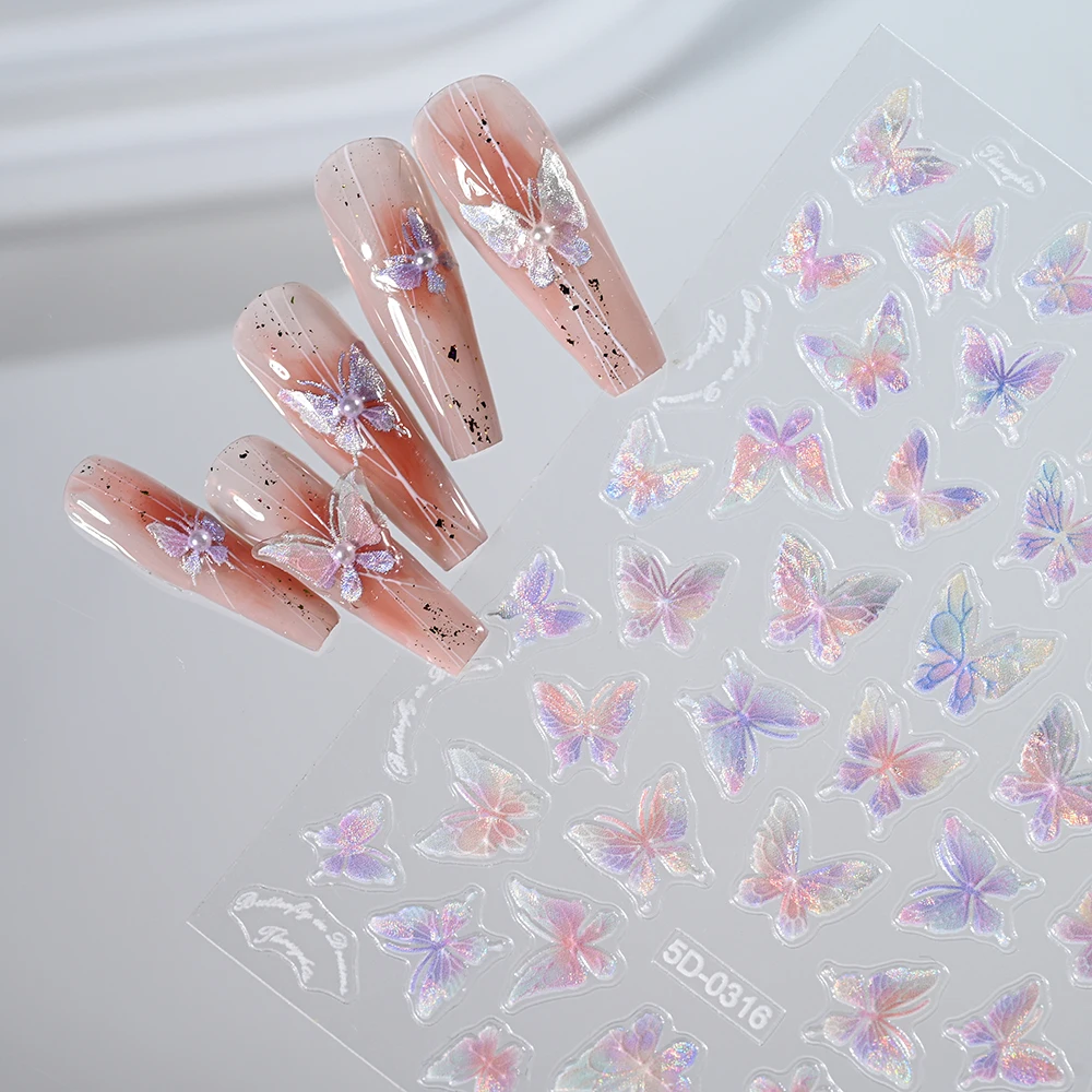 1Pcs Aurora Shell Light Butterfly Nails Stickers Glitter Pink Flowers Self Adhesive Slider Kawaii Butterflies Manicure Decals &# image 2