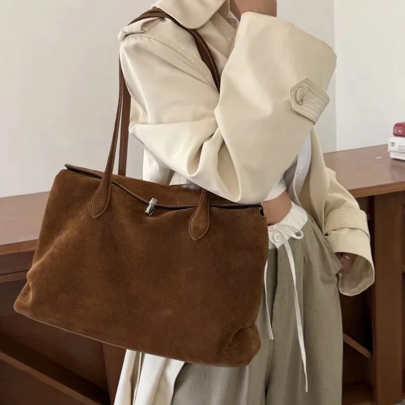 New Women's Genuine Suede Cowhide Tote Bag Large Capacity Luxury Designer Shoulder Handbag Office Commuter Ladies Top‑handle Bag