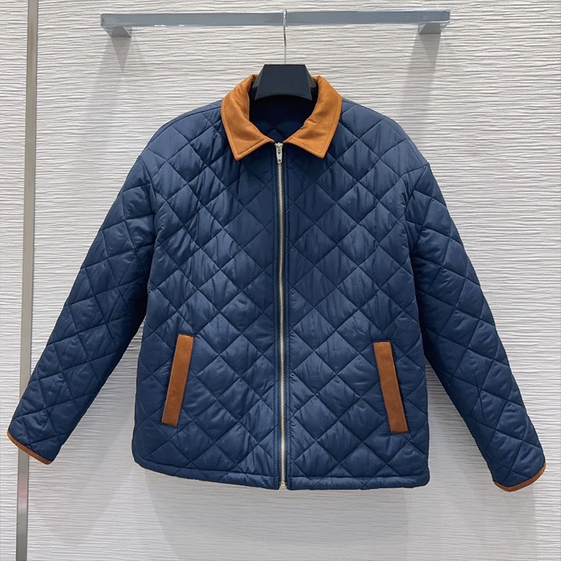 

High quality Embroidered logo women's short plaid down cotton jacket color blocking design coat 25121602