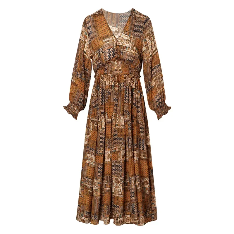 Vestido de seda de cintura alta feminino, elegante vestido longo Boho, vestidos de verão feminino, 100% seda genuína, Zjt2698