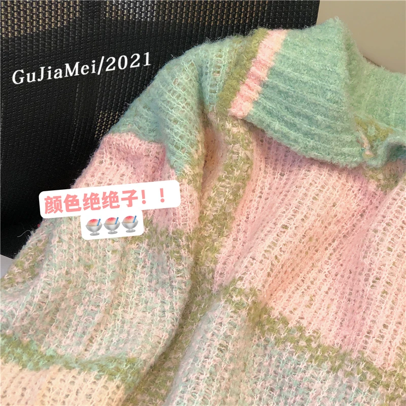 Thicken Winter Knitwear Vintage Turn-down Collar Knit Sweater Soft Colorblock Loose-Fit Pullover Retro 2000s Sweet Girls Student