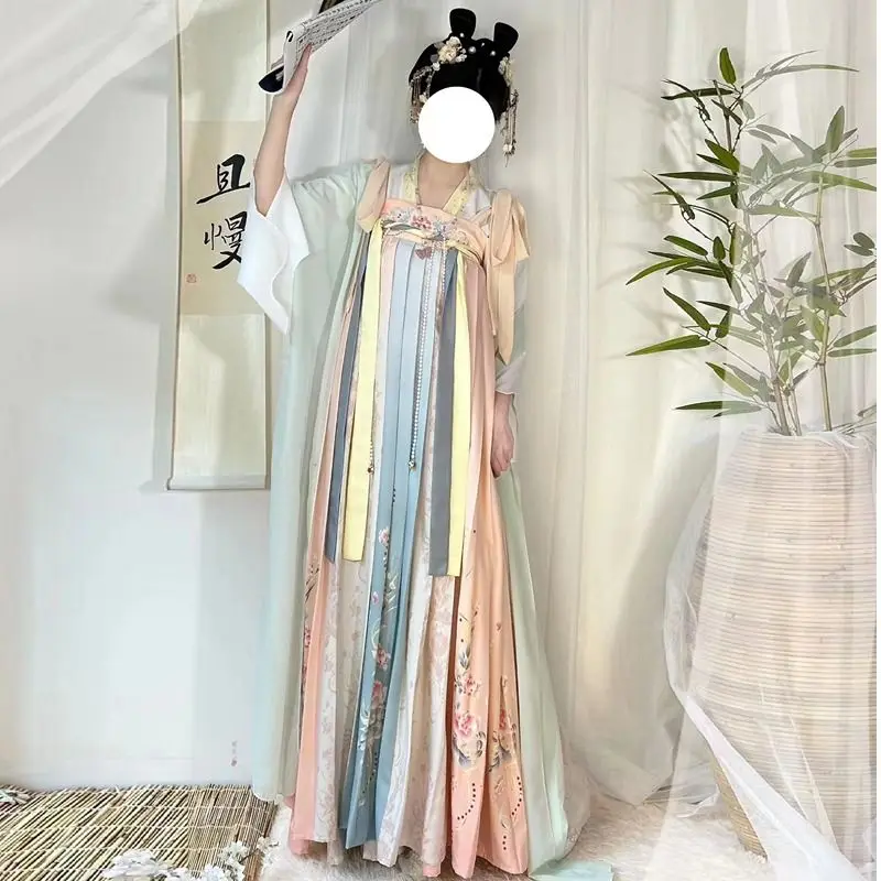 

Оригинальный комплект Tang Hanfu - женское традиционное китайское платье Ruqun с высокой талией и свободными рукавами, подлинный наряд Hanfu