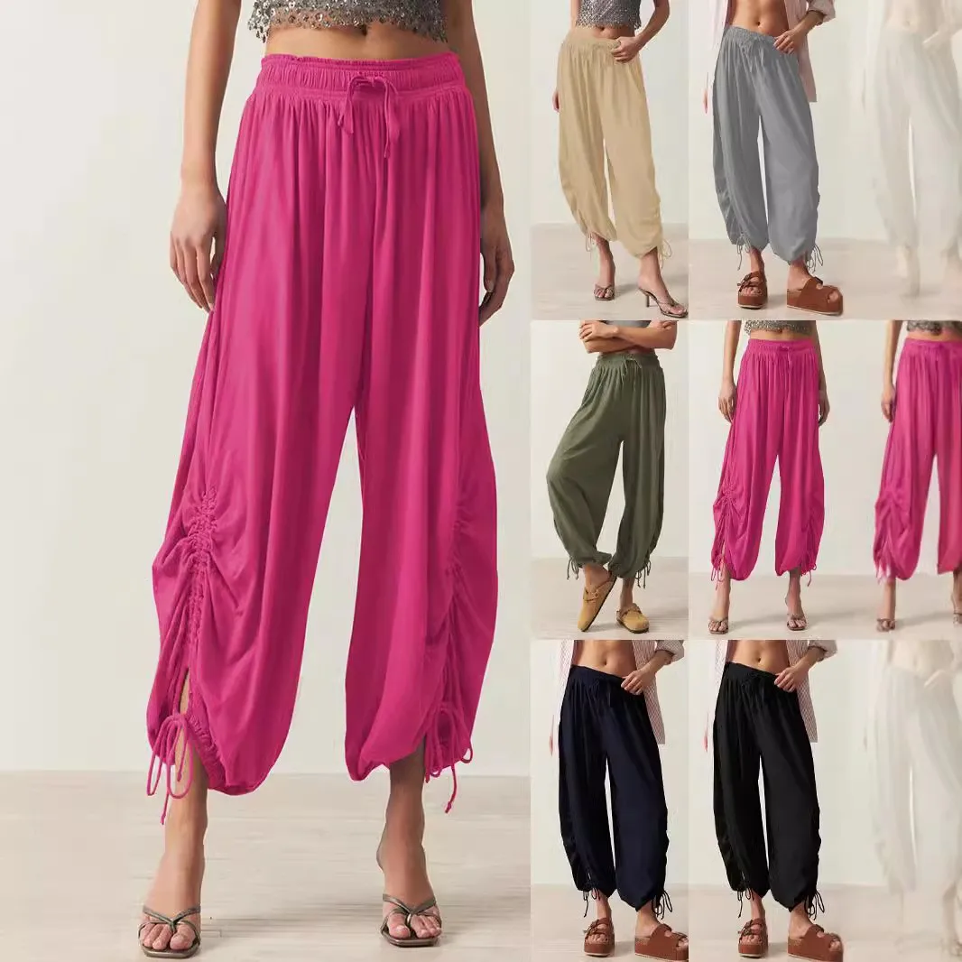 Women Harem Casual Pants Loose Fit Full Length Mid Waist Trousers Tie Detail Drawstring Pants Black Gray Wide Leg Pants Pink