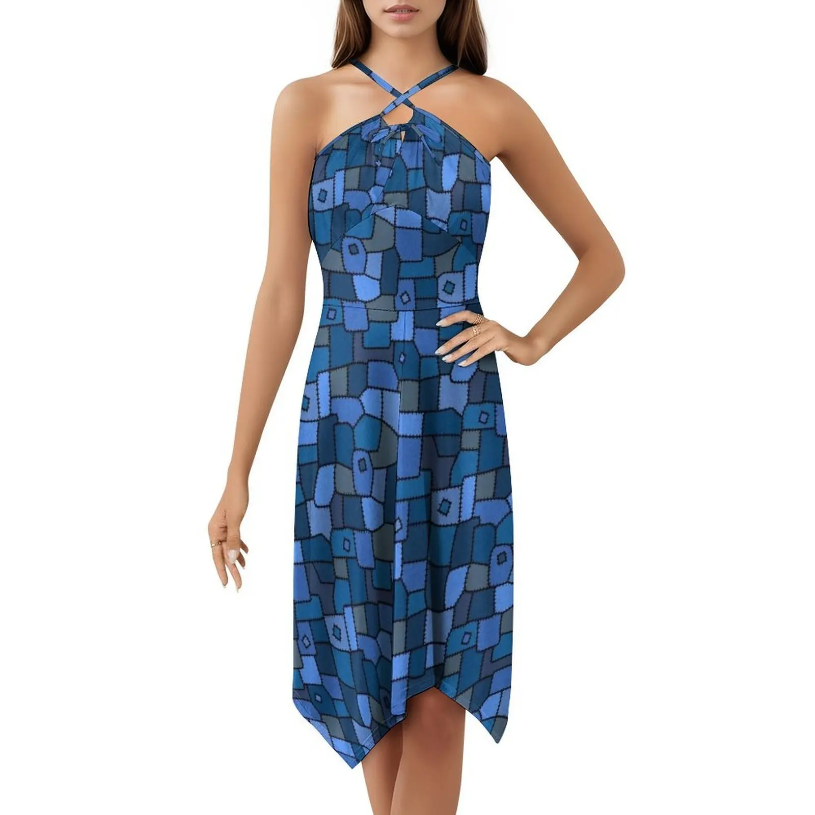 لحاف مرقع / / ظلال من فستان بوهيمي أزرق بدون أكمام للنساء مطبوع فساتين حفلات الشاطئ نمط تكرار ظلال لطيفة من