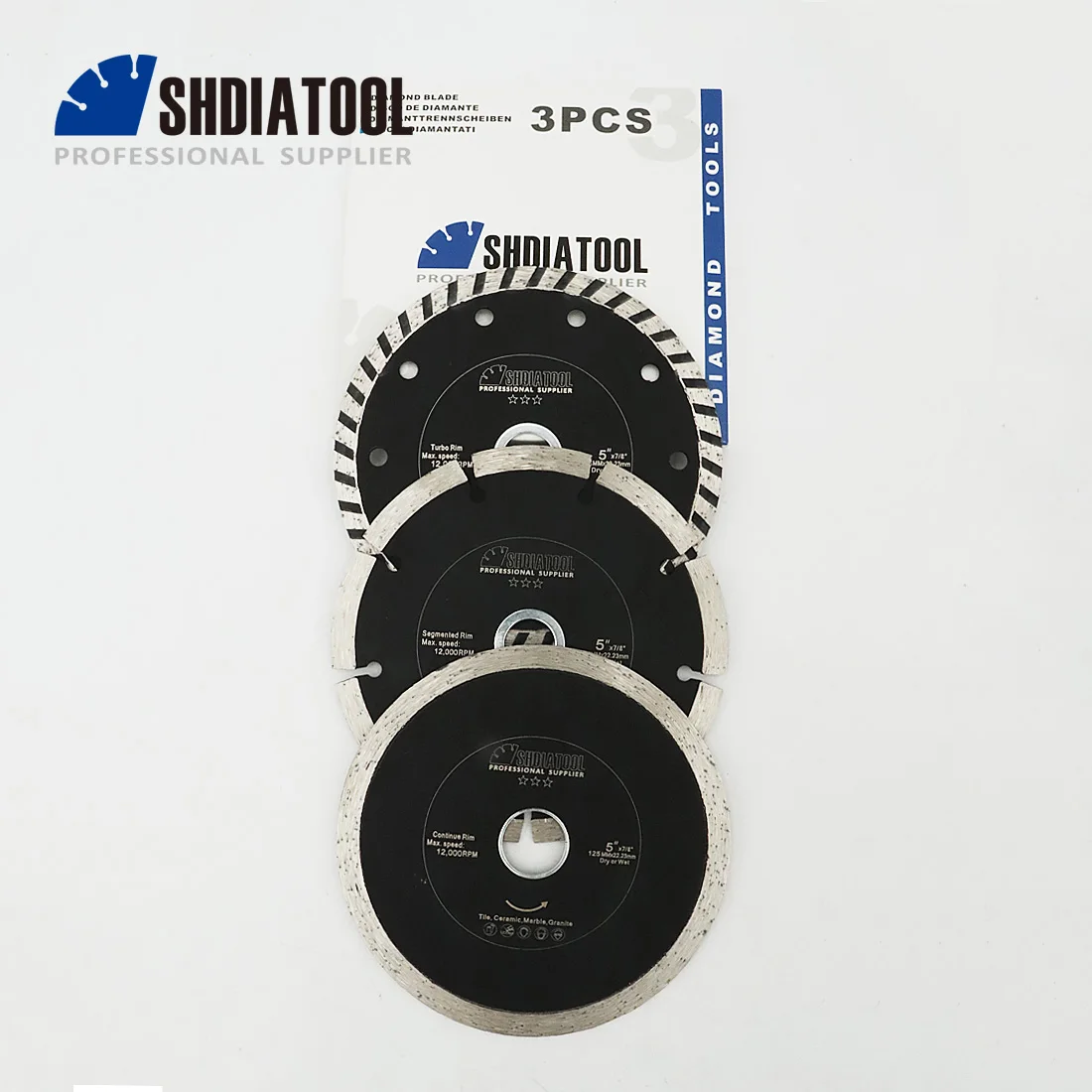 SHDIATOOL 3pcs/Set Dia125mm/5inch Sintered Diamond Saw Blade Continuous Rib Segmented Turbo Rim Cutting Disc Tile Granite Marble